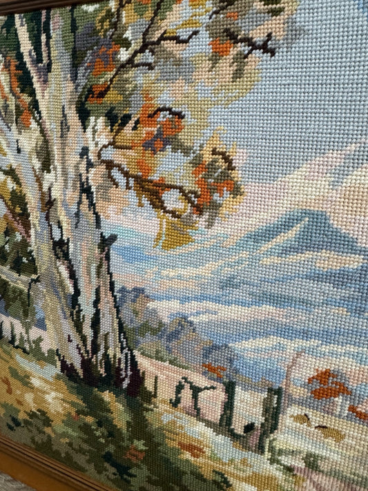 Threaded Path to Autumn – Vintage Framed Needlepoint Landscape Wall Art