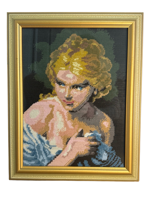Threaded Gaze – Vintage Framed Needlepoint Portrait