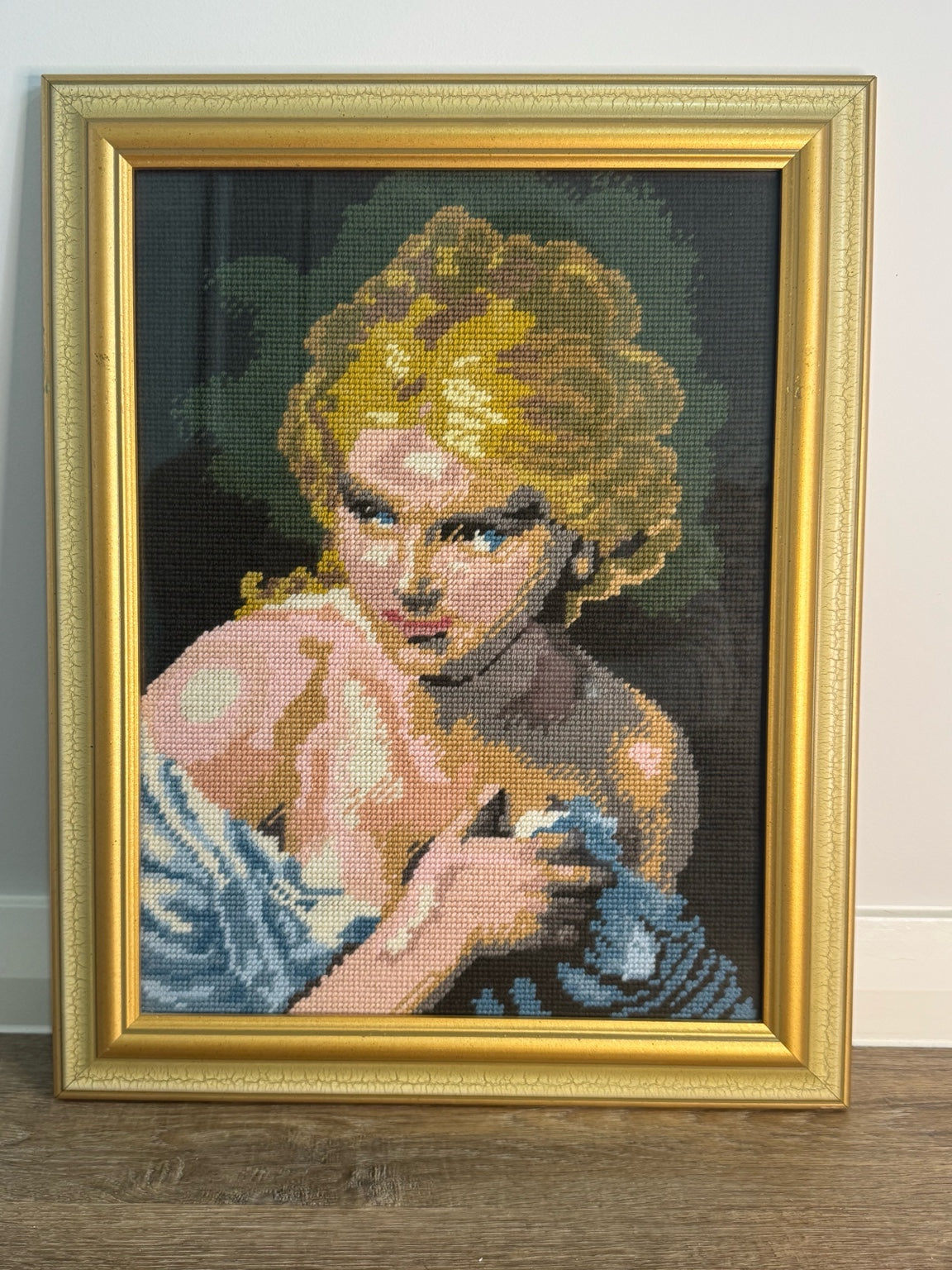 Threaded Gaze – Vintage Framed Needlepoint Portrait