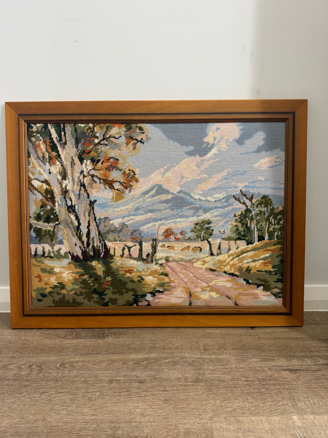 Threaded Path to Autumn – Vintage Framed Needlepoint Landscape Wall Art