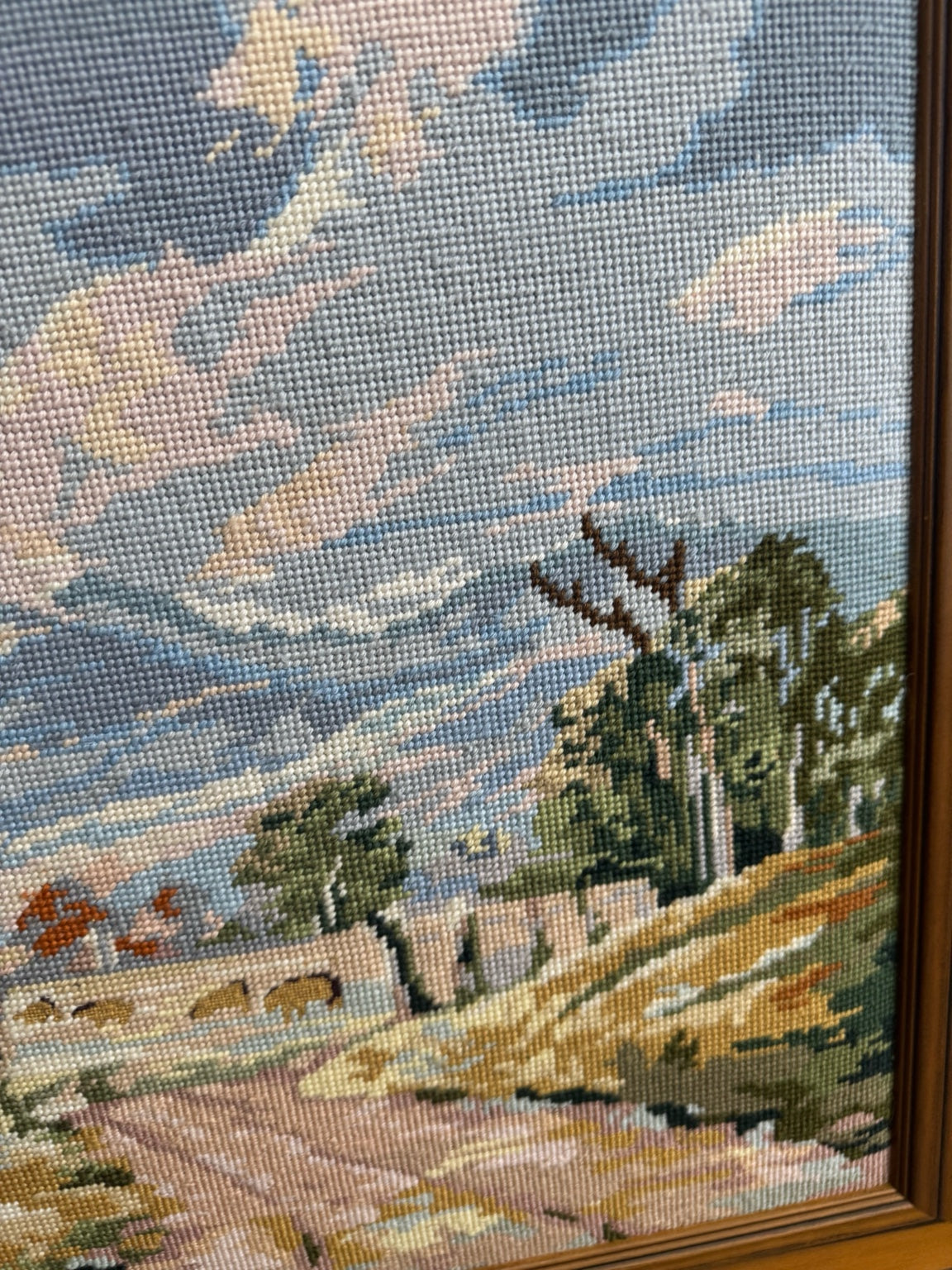 Threaded Path to Autumn – Vintage Framed Needlepoint Landscape Wall Art