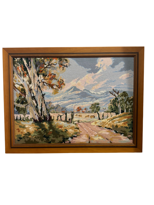 Threaded Path to Autumn – Vintage Framed Needlepoint Landscape Wall Art